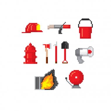 İtfaiye araçları. Piksel sanat. Eski usul bilgisayar grafiği. 8 bit video oyunu. Oyun varlıkları 8-bit sprite.