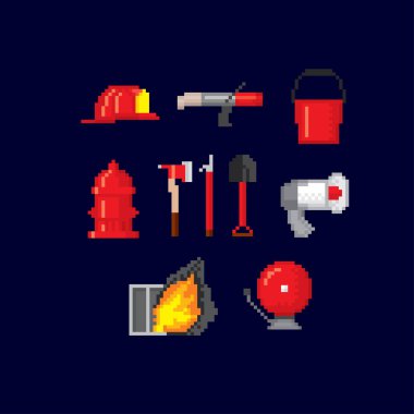 İtfaiye araçları. Piksel sanat. Eski usul bilgisayar grafiği. 8 bit video oyunu. Oyun varlıkları 8-bit sprite.