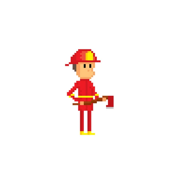 Pompier tenant une hache. Pixel art. Ordinateur graphique de la vieille école. Jeu vidéo 8 bits. Actifs du jeu sprite 8 bits . — Image vectorielle