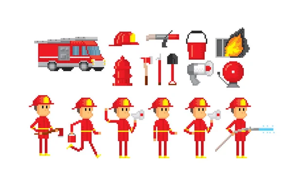 Bomberos listos. Pixel art. Gráfico de computadora de la vieja escuela. Videojuego de 8 bits. Activos del juego sprite de 8 bits . — Vector de stock