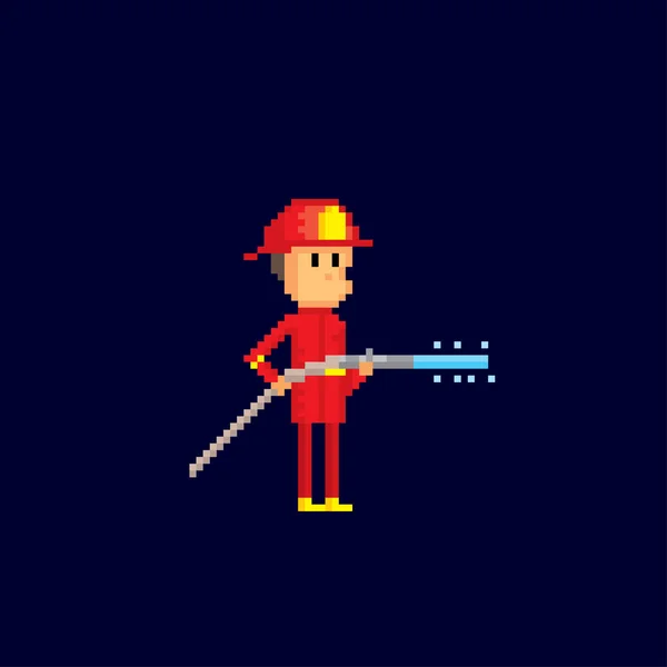 Feuerwehrmann löscht den Brand. Feuerwehrmann mit einem Schlauch in der Hand. Pixelkunst. Computergrafik alter Schule. 8 Bit Videospiel. Spielvorteile 8-bit-Sprite. — Stockvektor