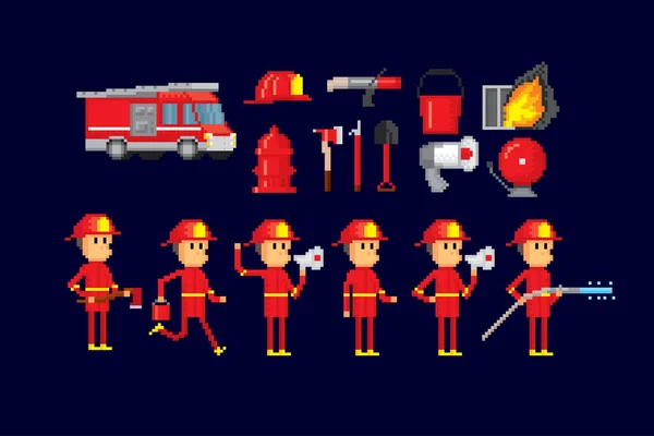Firefighters set. Pixel art. Old school computer graphic. 8 bit video game. Game assets 8-bit sprite. — Stock Vector