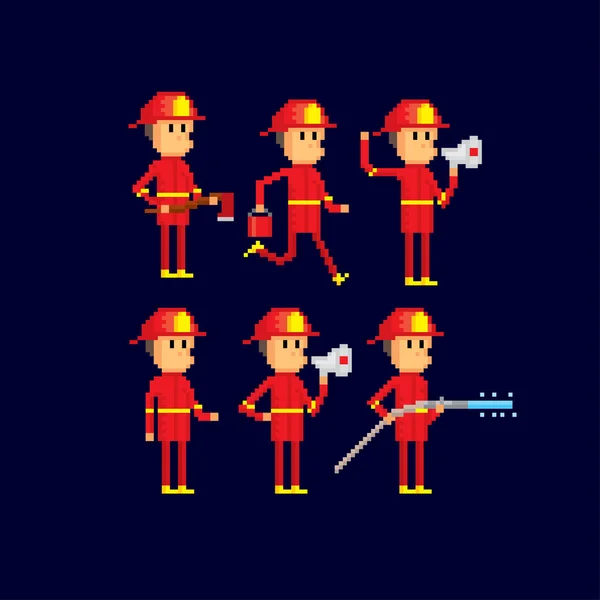 Brandweerlieden set. Pixel art. Oude school computer afbeelding. 8-bits video game. Game-elementen 8-bit sprite. — Stockvector