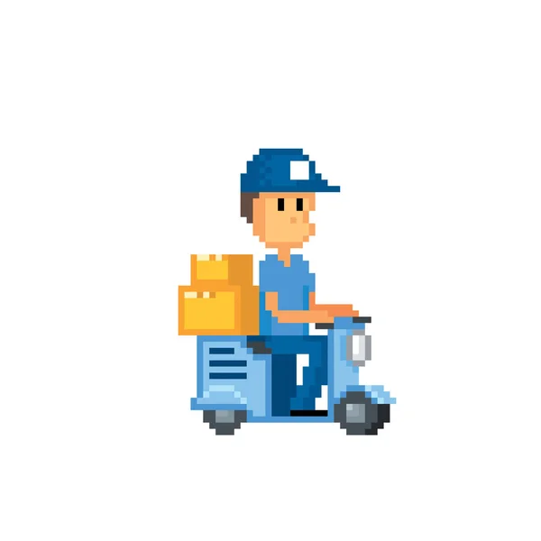 The postman delivers the parcel. The postman rides a motor scooter. Pixel art. Old school computer graphic. 8 bit video game. Game assets 8-bit sprite. — Stock Vector