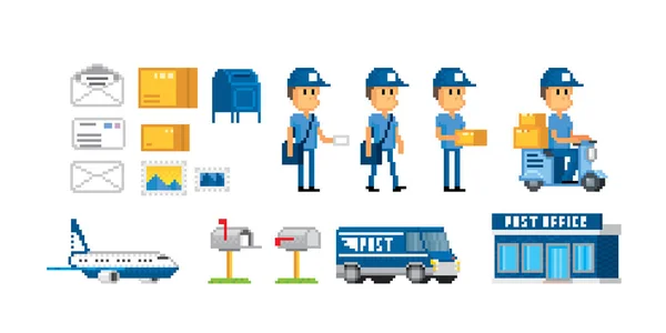 Mail set. Mail, mailbox, parcel, letter, postage stamps, mail van, aircraft, postmen. Pixel art. Old school computer graphic. 8 bit video game. Game assets 8-bit sprite. — Stock Vector