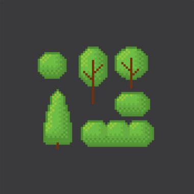 Şehir çalılıkları ve ağaçlar. Kentsel peyzaj. Bir dizi bitki. Piksel sanat. Eski usul bilgisayar grafiği. 8 bit video oyunu. Oyun varlıkları 8-bit sprite.