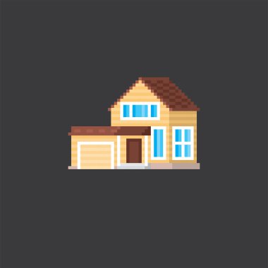 Özel banliyö evi. Piksel sanat. Eski usul bilgisayar grafiği. 8 bit video oyunu. Oyun varlıkları 8-bit sprite.
