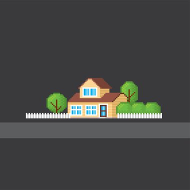 Banliyö sokağı. Modern bir aile evi. Piksel sanat. Eski usul bilgisayar grafiği. 8 bit video oyunu. Oyun varlıkları 8-bit sprite.