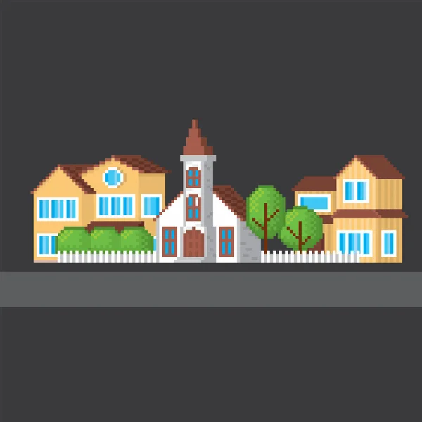 Пригородная улица с церковью. Современный семейный дом. Пиксельное искусство. Компьютерная графика старой школы. 8-битная видеоигра. 8-битный спрайт . — стоковый вектор