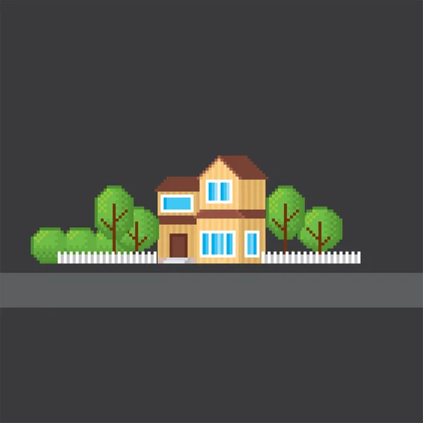 Suburban street. Modern family home. Pixel art. Old school computer graphic. 8 bit video game. Game assets 8-bit sprite. — Stock Vector