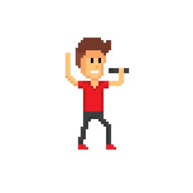 Kaya sanatçısı bir mikrofon tutuyor ve şarkı söylüyor. Piksel sanatı. 8 bit video oyunu. 8-bit peri. İzole vektör çizimi. Çıkartmalar, logo, nakış ve mobil uygulama için tasarım.