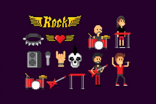 Zestaw ikon rock 'n' rolla. Muzycy, instrumenty muzyczne, symbole. Sztuka pikseli. 8-bitowa gra wideo. 8-bitowy sprite. odosobniona ilustracja wektora. Projekt naklejek, logo, hafty, aplikacja mobilna. — Wektor stockowy