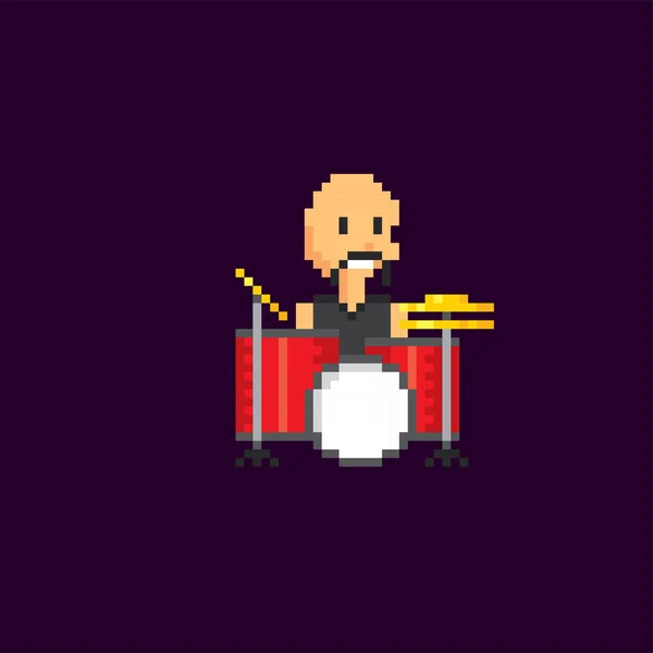 Le musicien derrière le kit de batterie. Un chauve. Pixel art. Jeu vidéo 8 bits. Du sprite 8 bits. illustration vectorielle isolée. Conception pour autocollants, logo, broderie, application mobile . — Image vectorielle