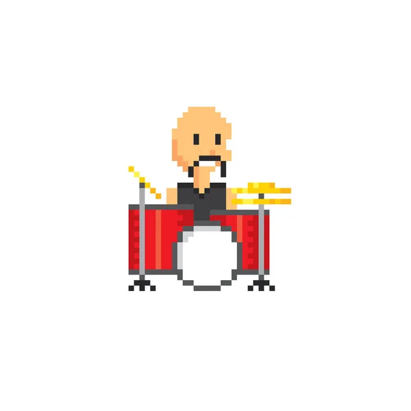The musician behind the drum kit. Bald man. Pixel art. 8 bit video game. 8-bit sprite. isolated vector illustration. Design for stickers, logo, embroidery, mobile app. — Stock Vector