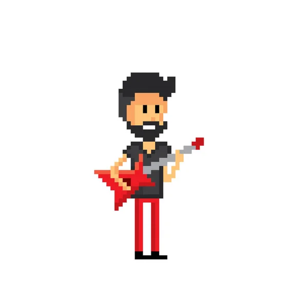 Musician plays electric guitar. Pixel art. 8 bit video game. 8-bit sprite. isolated vector illustration. Design for stickers, logo, embroidery, mobile app. — Stock Vector
