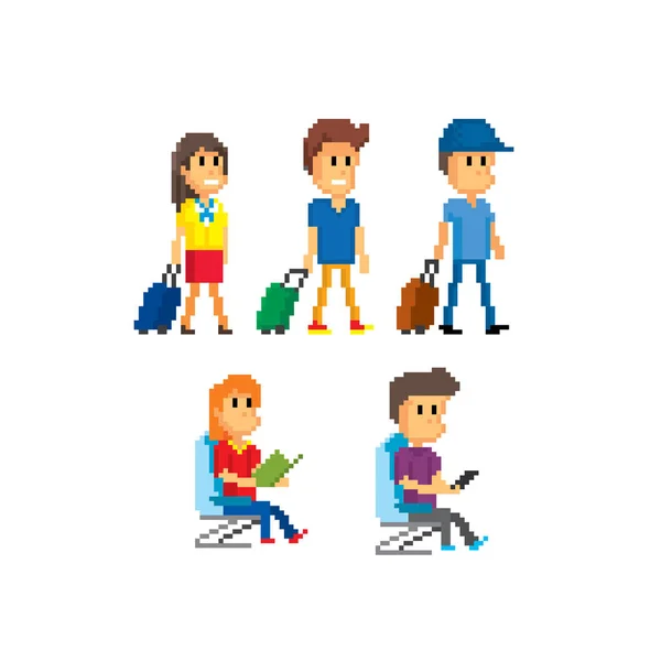 Pasajeros Pixel Art Gráfico Computadora Vieja Escuela Pegatinas Diseño Elementos — Vector de stock