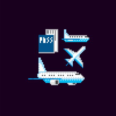 Uçak, pasaport, bilet. Hava taşıma simgeleri ayarlandı. Piksel sanatı. Eski bilgisayar grafikleri. Element tasarım etiketleri, logo, mobil uygulama, menü. 8 bit video oyunu. Oyun varlıkları 8-bit perisi. 16-bit.