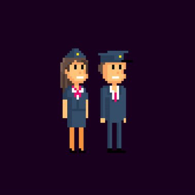 Pilot, hostes, uçuş görevlisi simgesi seti. Piksel sanatı. Eski bilgisayar grafikleri. Element tasarım etiketleri, logo, mobil uygulama, menü. 8 bit video oyunu. Oyun varlıkları 8-bit perisi. 16-bit.