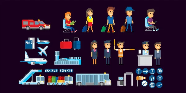 Conjunto Iconos Aeropuerto Pixel Art Gráfico Computadora Vieja Escuela Videojuego — Vector de stock