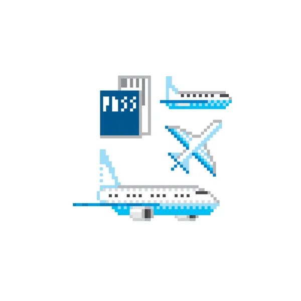 Avião Passaporte Bilhete Ícones Transporte Aéreo Configurados Arte Pixel Gráfico —  Vetores de Stock