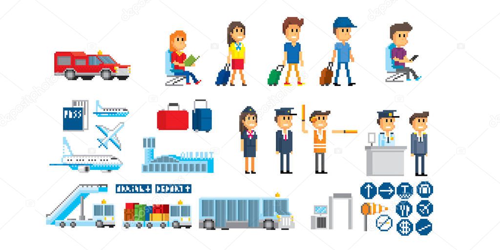 Airport icon set. Pixel art. Old school computer graphic. 8 bit video game. Game assets 8-bit sprite. Design for sticker, logo, mobile app
