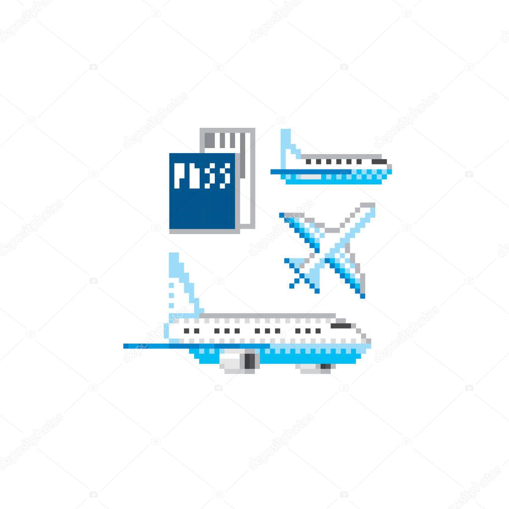 Airplane, passport, ticket. Air transport icons set. Pixel art. Old school computer graphic. Element design stickers, logo, mobile app, menu. 8 bit video game. Game assets 8-bit sprite. 16-bit.