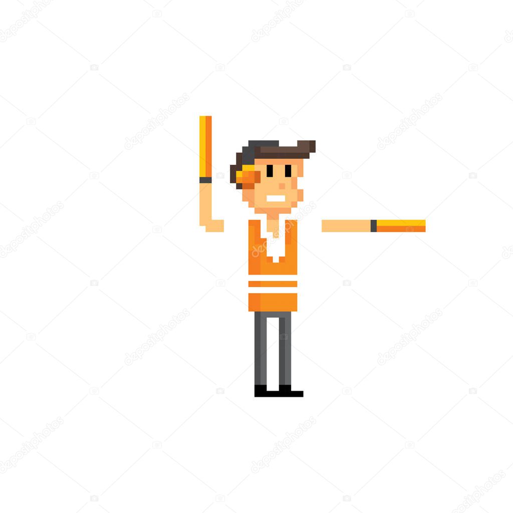 Airport employee. Pixel art. Old school computer graphic. Element design stickers, logo, mobile app, menu. 8 bit video game. Game assets 8-bit sprite. 16-bit.