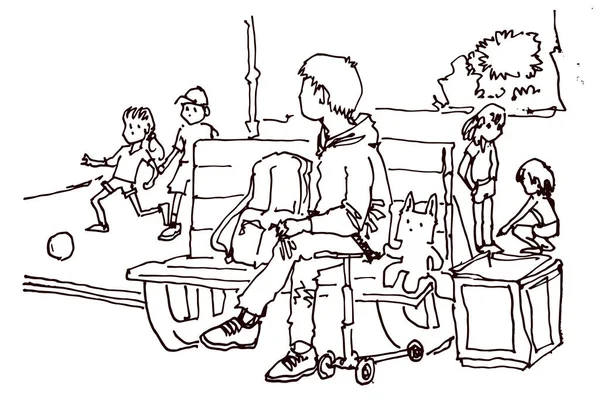 Young Father Watches His Daughter Playground Stock Illustration