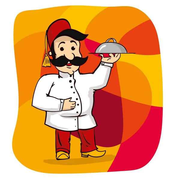 Joyeux Chef Turc Avec Une Grosse Moustache Garde Plat Couvert — Image vectorielle