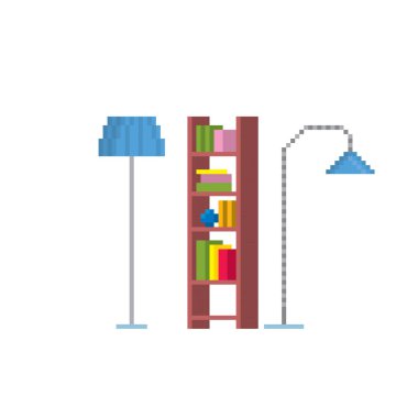 İç simgeler ayarlandı. Shelf, yer lambası. Piksel resim simgeleri ayarlandı. Eski bilgisayar grafikleri. 8 bit video oyunu. Oyun varlıkları 8-bit perisi.