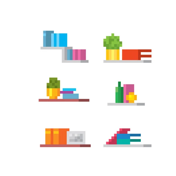 Conjunto Iconos Interiores Estante Libro Planta Casera Botella Pixel Art — Vector de stock