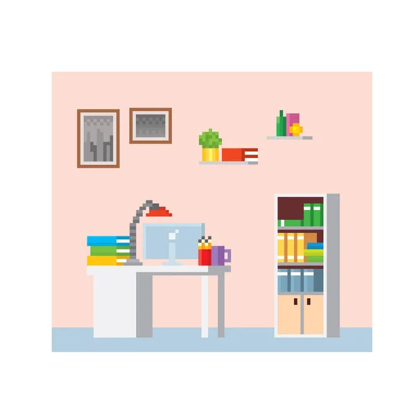 Büroinnenraum Schreibtisch Bücherregal Regale Gemälde Pixel Art Icons Gesetzt Computergrafik — Stockvektor