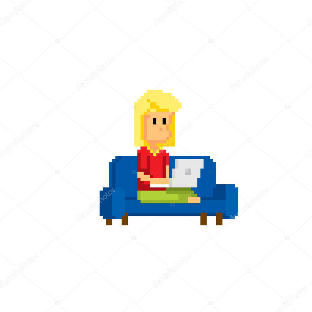 A young woman is sitting on the couch and working with a laptop. Pixel art icon. Old school computer graphic. 8 bit video game. Game assets 8-bit sprite.