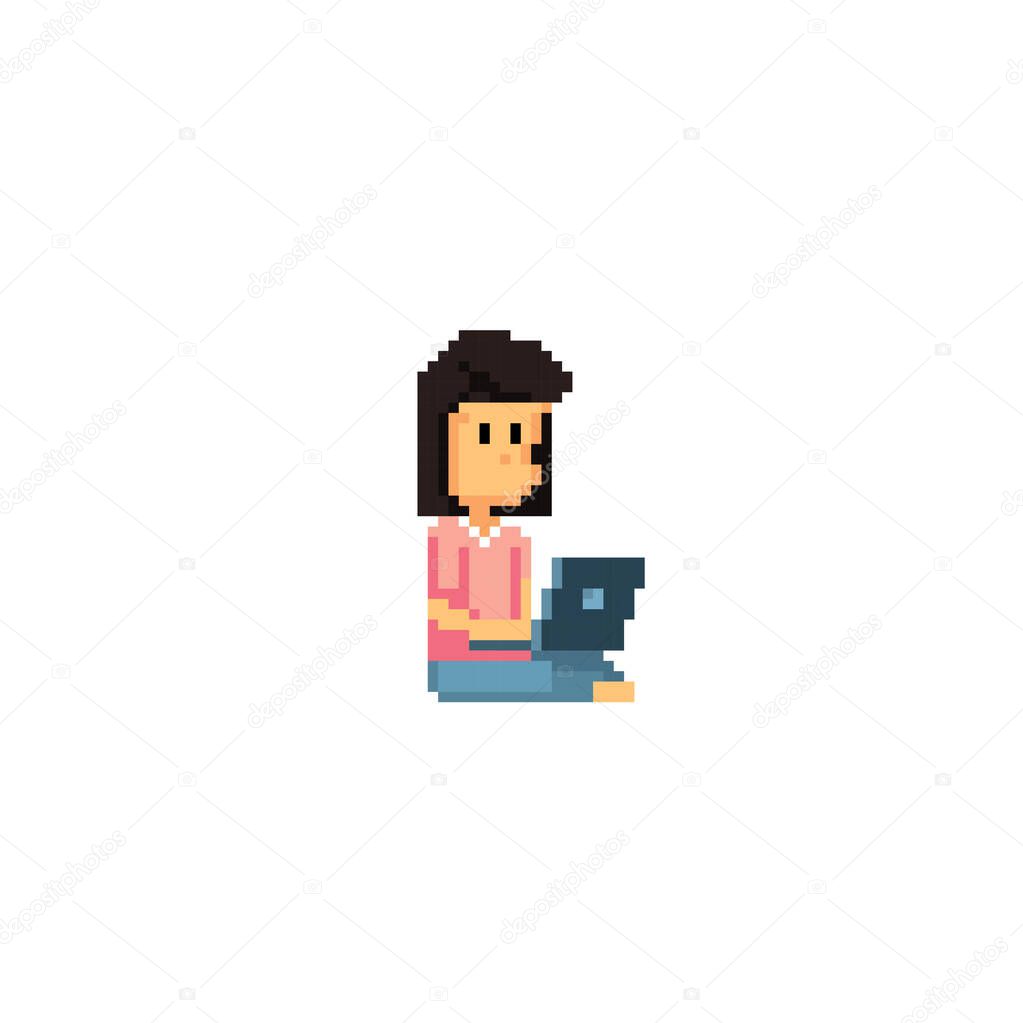 A young woman is sitting on the floor and working with a laptop. Pixel art icon. Old school computer graphic. 8 bit video game. Game assets 8-bit sprite.