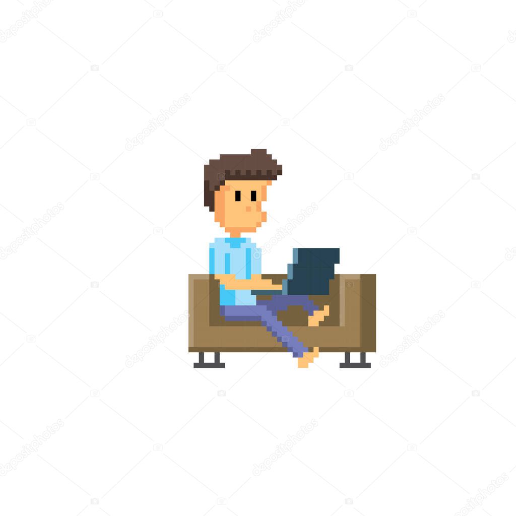 A young man sits on the couch and works with a laptop. Pixel art icon. Old school computer graphic. 8 bit video game. Game assets 8-bit sprite.