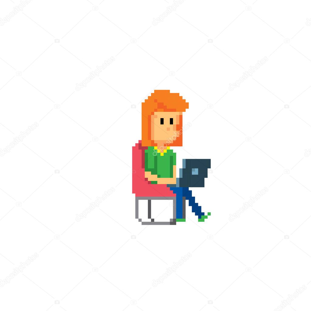 A young woman sits in a chair and works with a laptop. Pixel art icon. Old school computer graphic. 8 bit video game. Game assets 8-bit sprite.