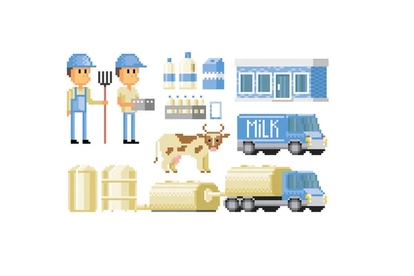 Набір Іконок Виробництва Продажу Молока Піксельне Мистецтво Старої Школи Комп — стоковий вектор