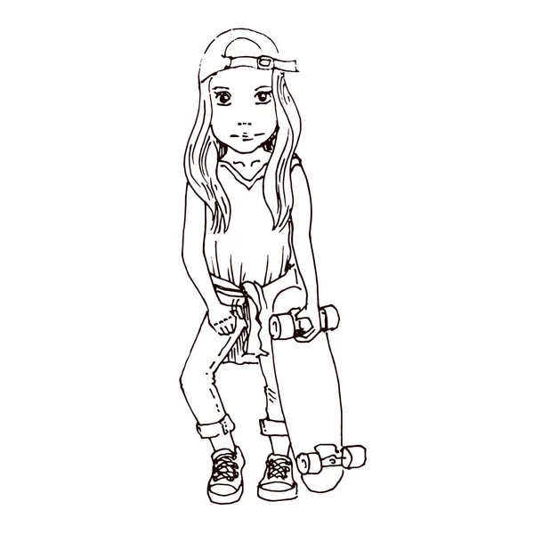 Estudante Com Skate Posando Ilustração Vetorial Desenhada Mão —  Vetores de Stock