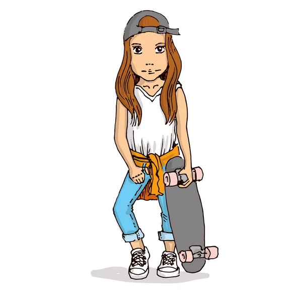 Écolière Avec Une Pose Skateboard Illustration Vectorielle Dessinée Main — Image vectorielle