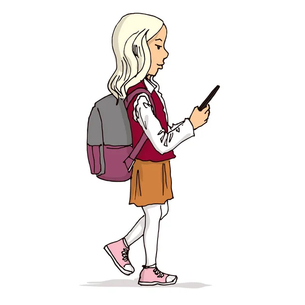 Studentessa Con Uno Smartphone Cammina Illustrazione Del Vettore Disegnato Mano — Vettoriale Stock