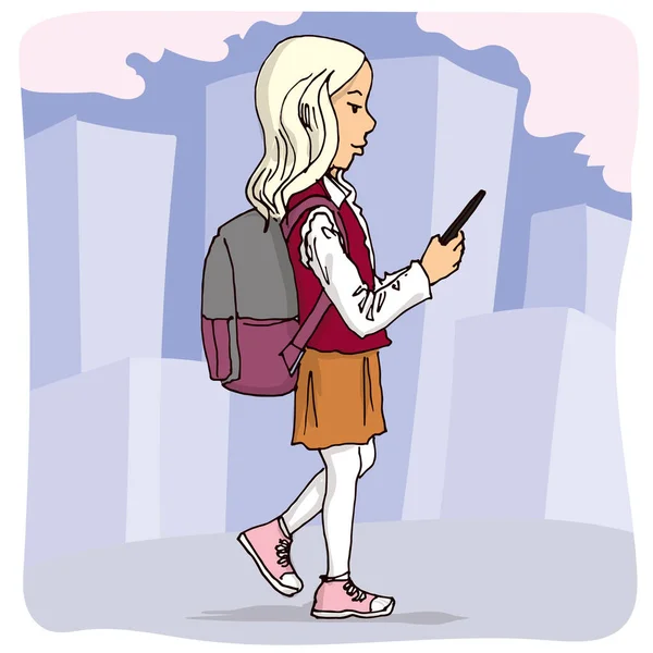 Studentessa Con Uno Smartphone Cammina Illustrazione Del Vettore Disegnato Mano — Vettoriale Stock