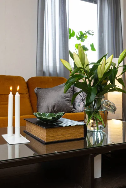 Interior home styling classic and modern details with candles
