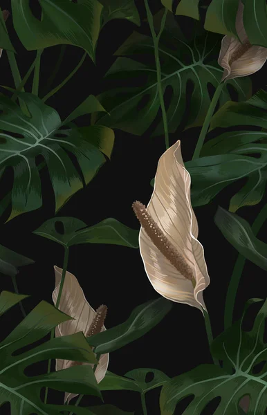 Seamless floral pattern of monstera on dark background, exotic wallpaper, botanical motifs
