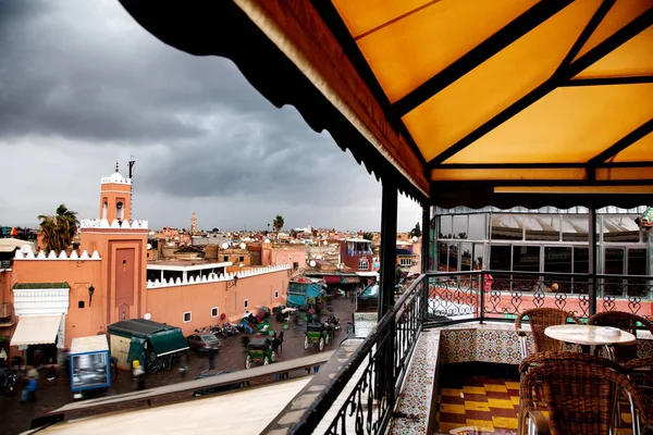 Concept of travel around the world. Cafe in market place Jamaa el Fna, Marrakech, Morocco, North Africa.