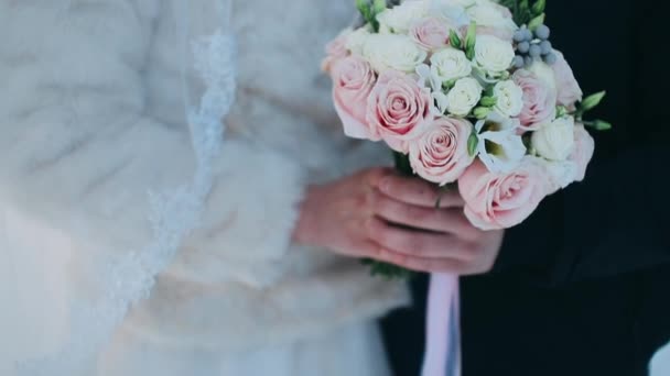 Groom Gives Bouquet Bride Close Female Hands Hold Bouquet Gently — Stock Video