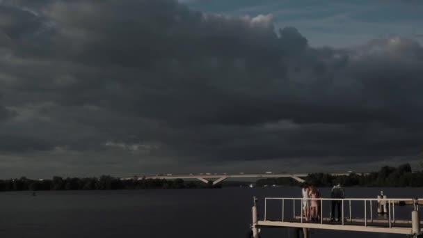 Huge Bridge View Pond Dark Clouds Background — Stock Video