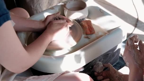 Artisan Potter Prepares Material His Pottery Strong Male Hands Squeeze — Stock Video