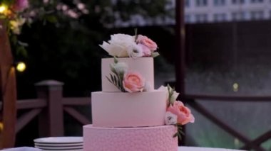 Pembe büyük pasta. Üç katlı düğün pastası..