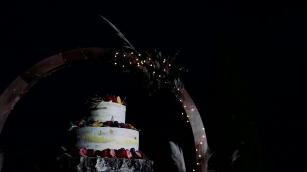 Gâteau Mariage Trois Niveaux Blanc Décoré Fruits — Video