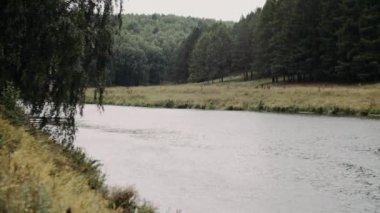 Yeşil bulutlu havada dağların yakınındaki nehir.